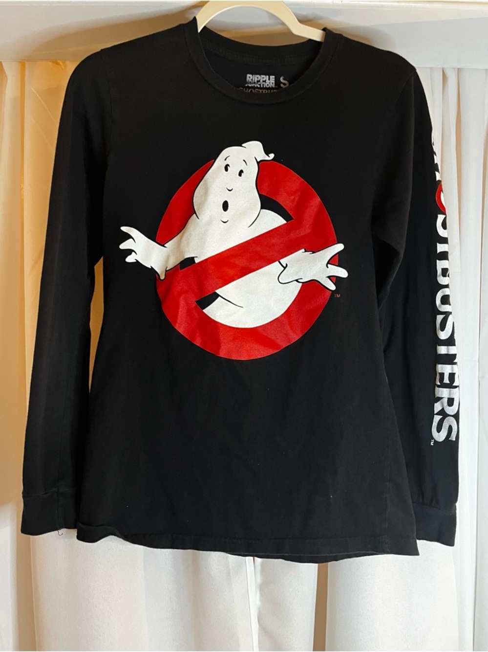 Ripple Junction Black Long-Sleeve Ghostbusters Logo Tee with Red & White Graphic